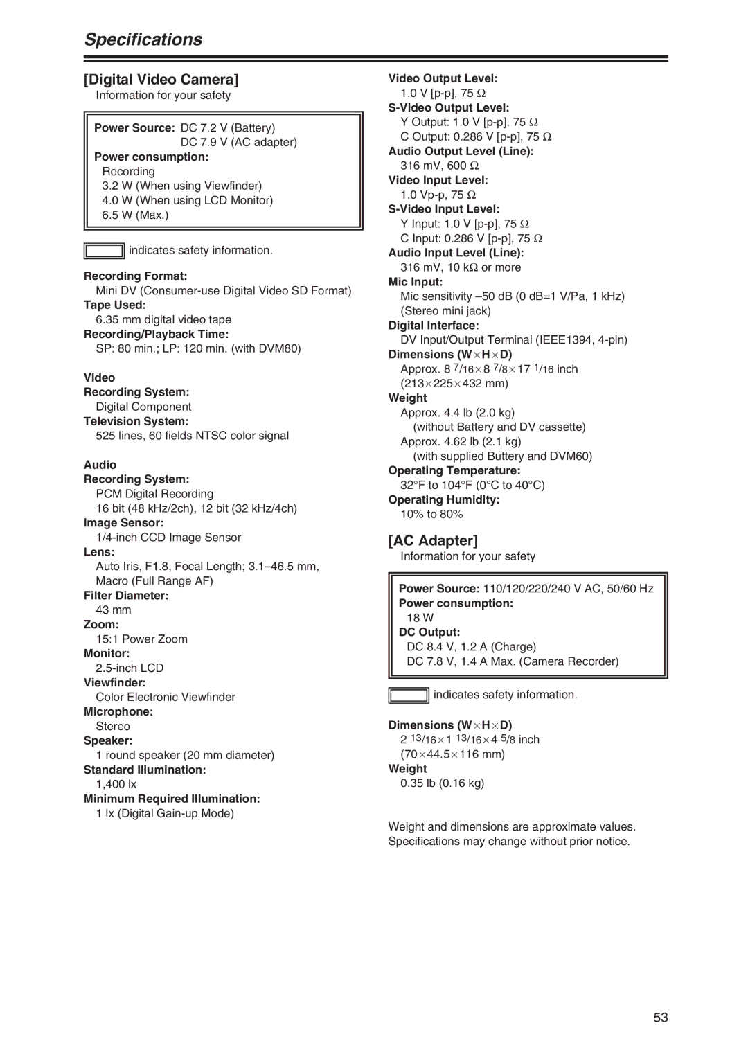 Panasonic AG-DVC7P manual Specifications, Digital Video Camera, AC Adapter 