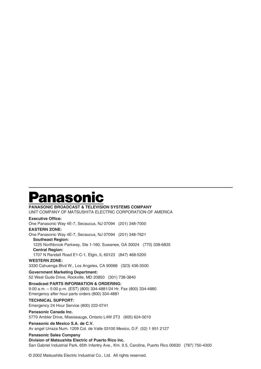 Panasonic AG-DVC7P manual Executive Office, Southeast Region, Central Region, Government Marketing Department 