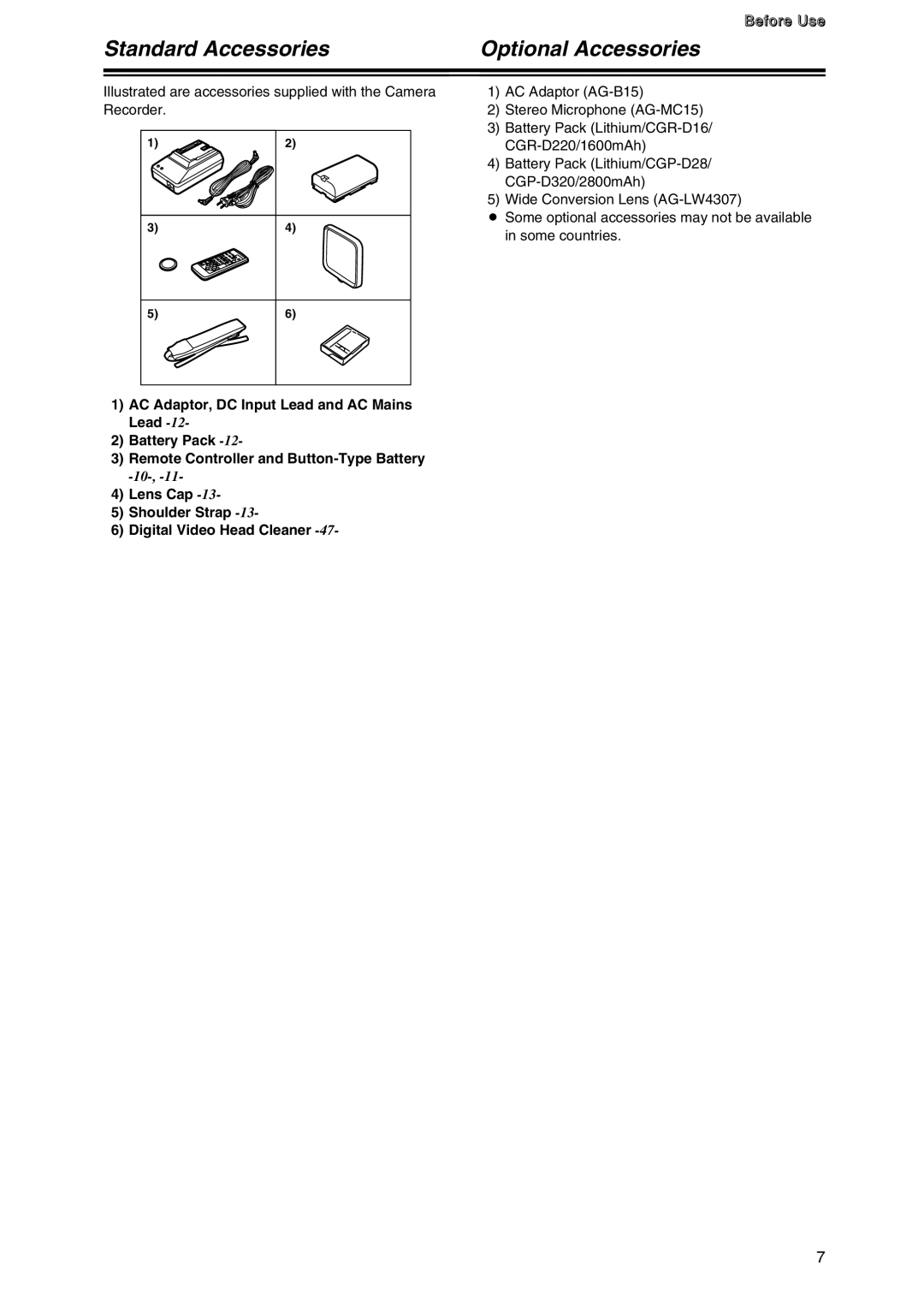 Panasonic AG-DVC7P manual Standard Accessories Optional Accessories 