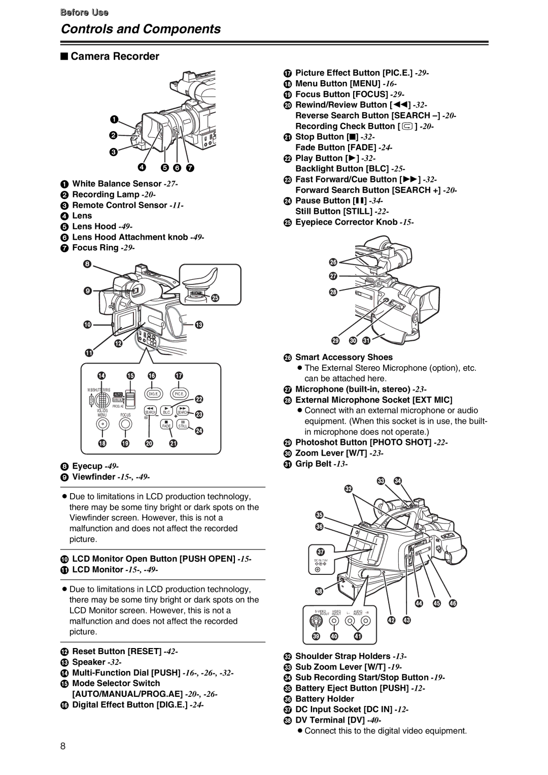 Panasonic AG-DVC7P manual Controls and Components, $ Camera Recorder, Eyecup Viewfinder -15-,-49 