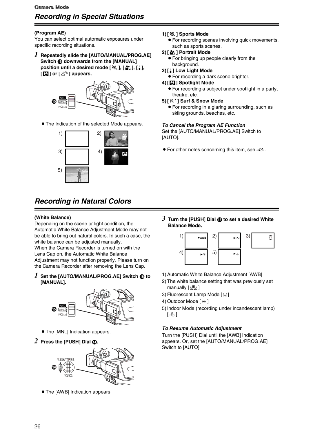 Panasonic AG-DVG7P manual Recording in Special Situations, Recording in Natural Colors, To Cancel the Program AE Function 