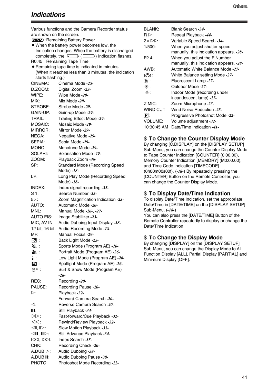 Panasonic AG-DVG7P manual Indications, $ To Change the Counter Display Mode, $ To Display Date/Time Indication 