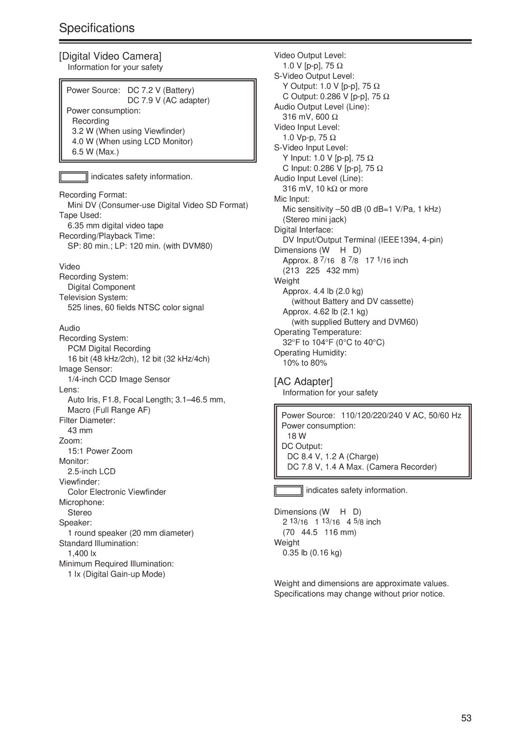 Panasonic AG-DVG7P manual Specifications, Digital Video Camera, AC Adapter 