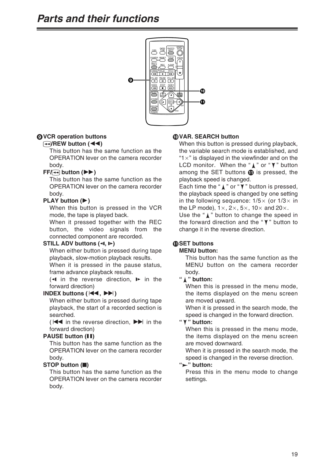 Panasonic AG-DVX100 P VCR operation buttons C/REW button, FF/C button, Play button, Still ADV buttons E, D, Index buttons 