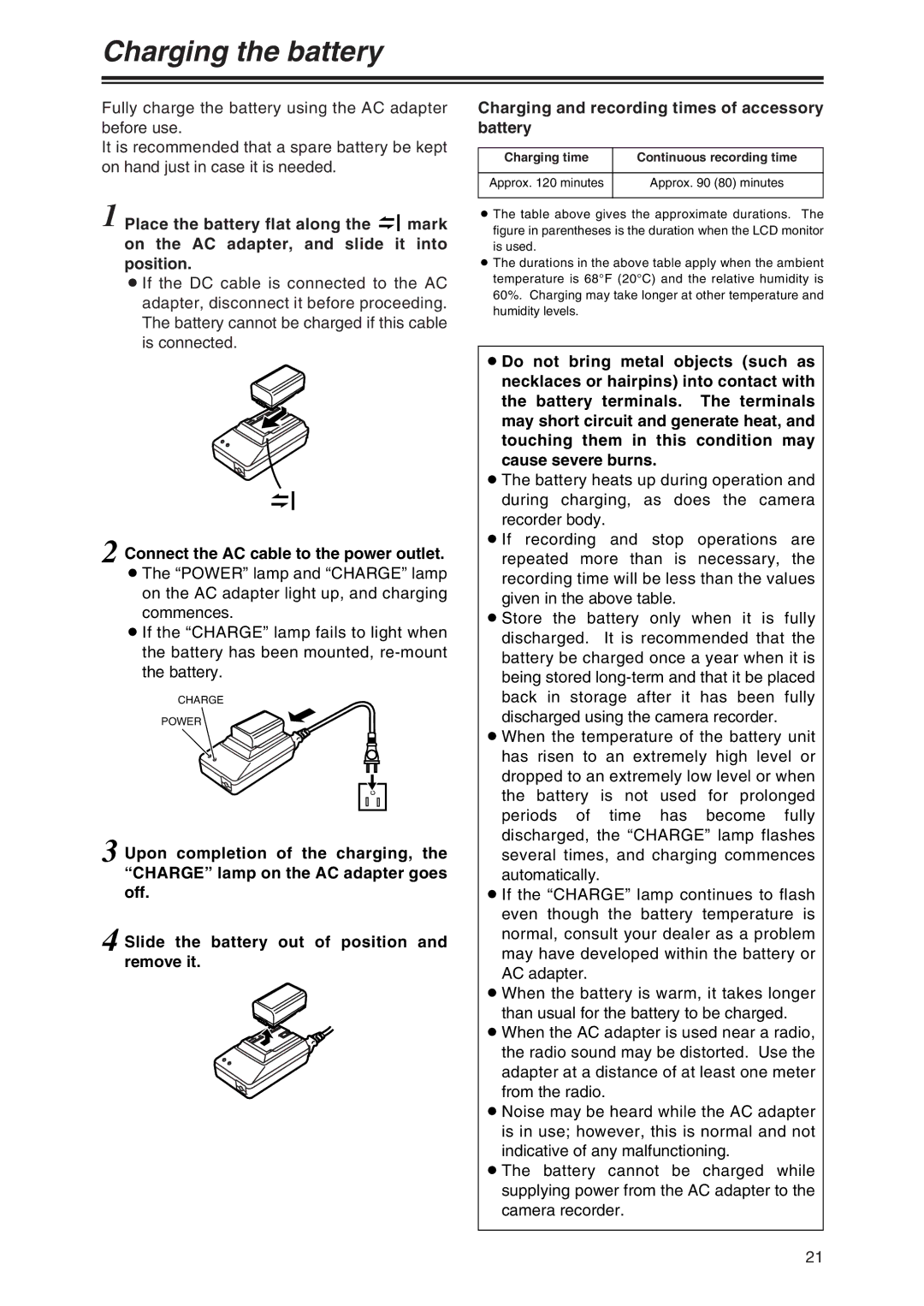 Panasonic AG-DVX100 P manual Charging the battery, Connect the AC cable to the power outlet 