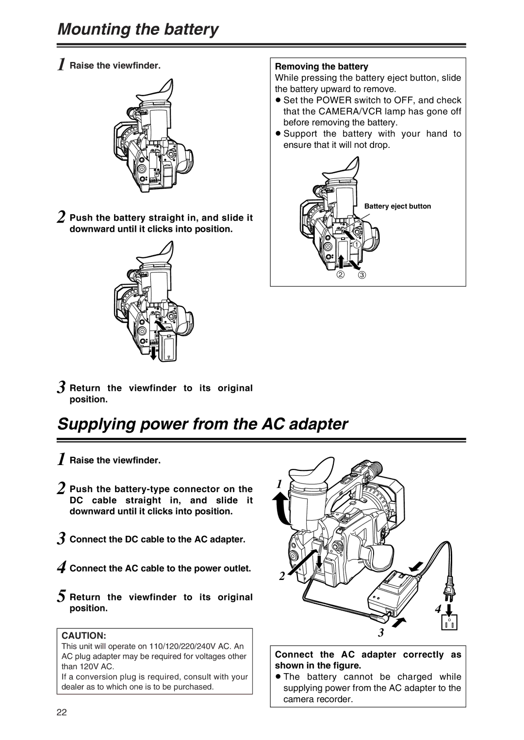 Panasonic AG-DVX100 P manual Mounting the battery, Supplying power from the AC adapter, Battery eject button 