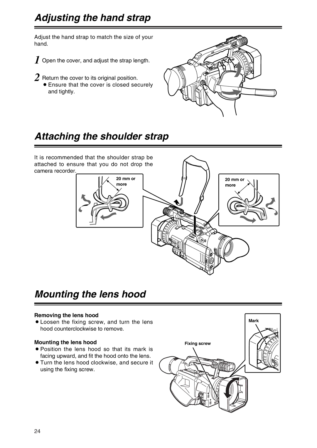 Panasonic AG-DVX100 P manual Adjusting the hand strap, Attaching the shoulder strap, Mounting the lens hood 