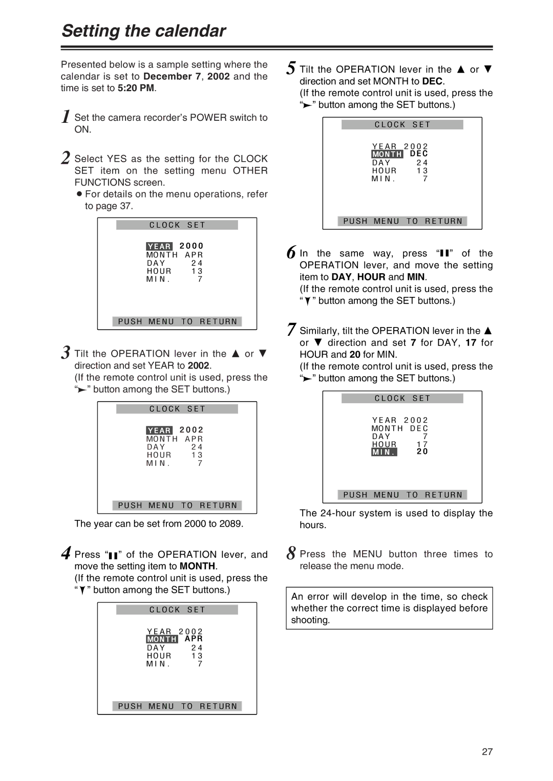 Panasonic AG-DVX100 P manual Setting the calendar 