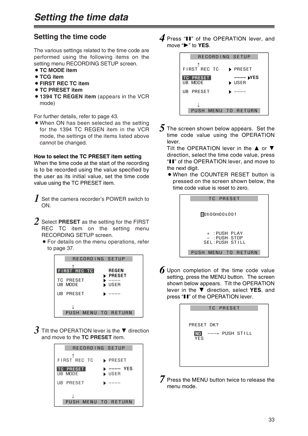 Panasonic AG-DVX100 P manual Setting the time code, OTC Mode item Otcg item Ofirst REC TC item OTC Preset item 