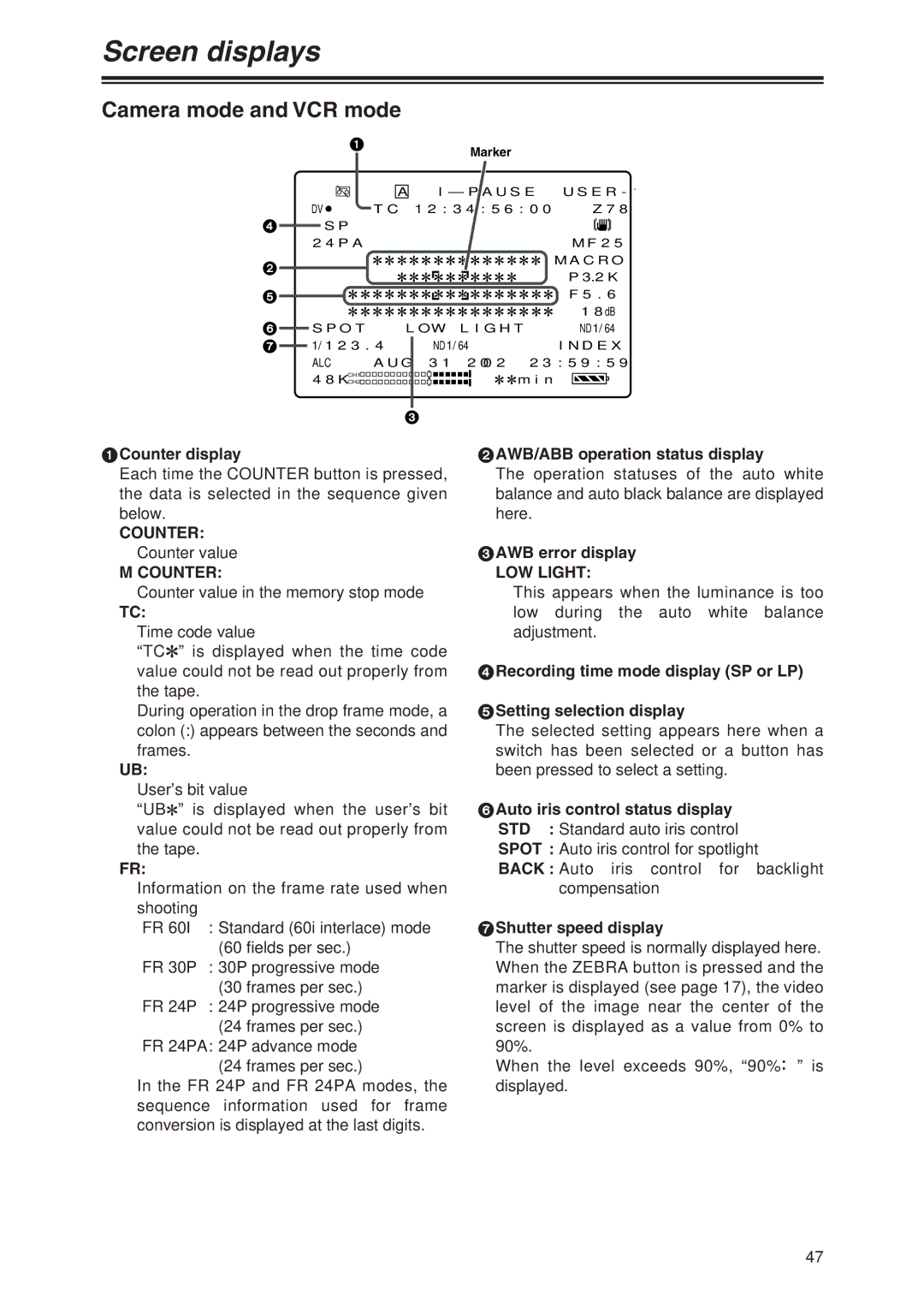 Panasonic AG-DVX100 P manual Screen displays, Camera mode and VCR mode, LOW Light 