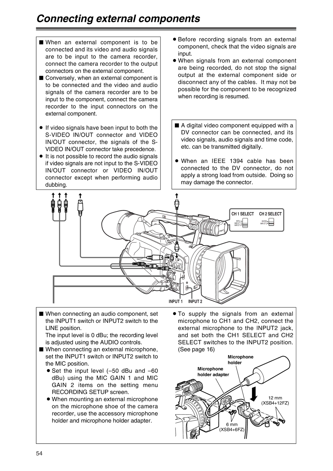 Panasonic AG-DVX100 P manual Connecting external components, Input 1 Input, Microphone holder Microphone holder adapter 