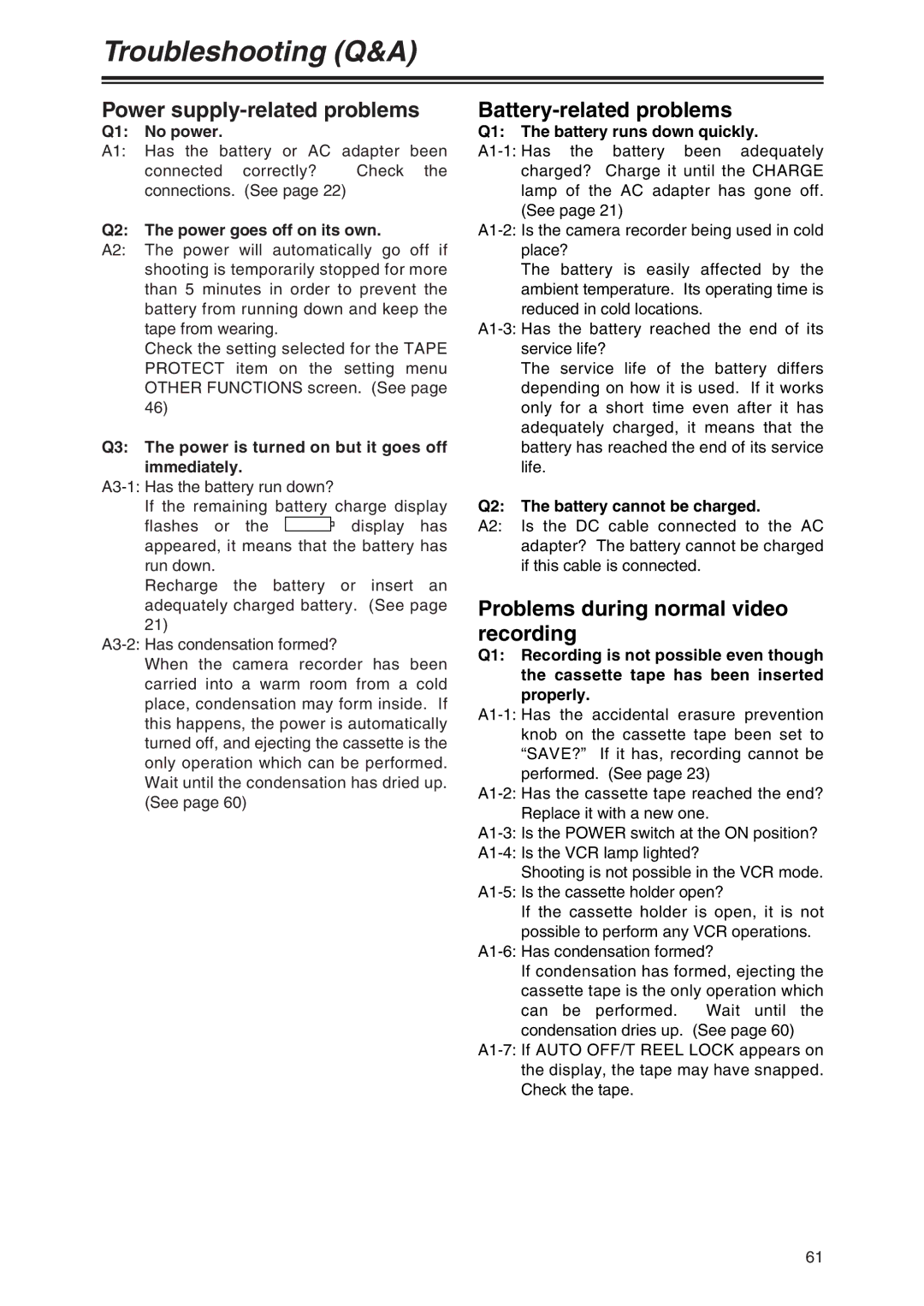 Panasonic AG-DVX100 P manual Troubleshooting Q&A, Power supply-related problems, Battery-related problems 