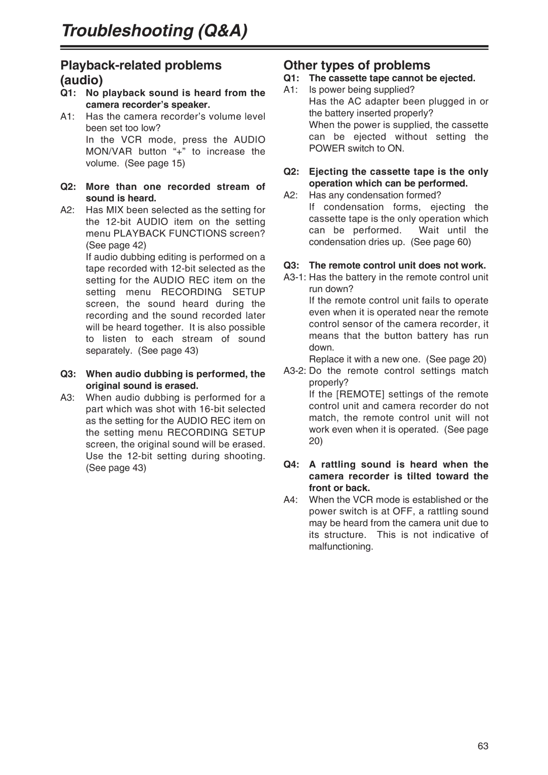 Panasonic AG-DVX100 P Playback-related problems audio, Other types of problems, Q1 The cassette tape cannot be ejected 