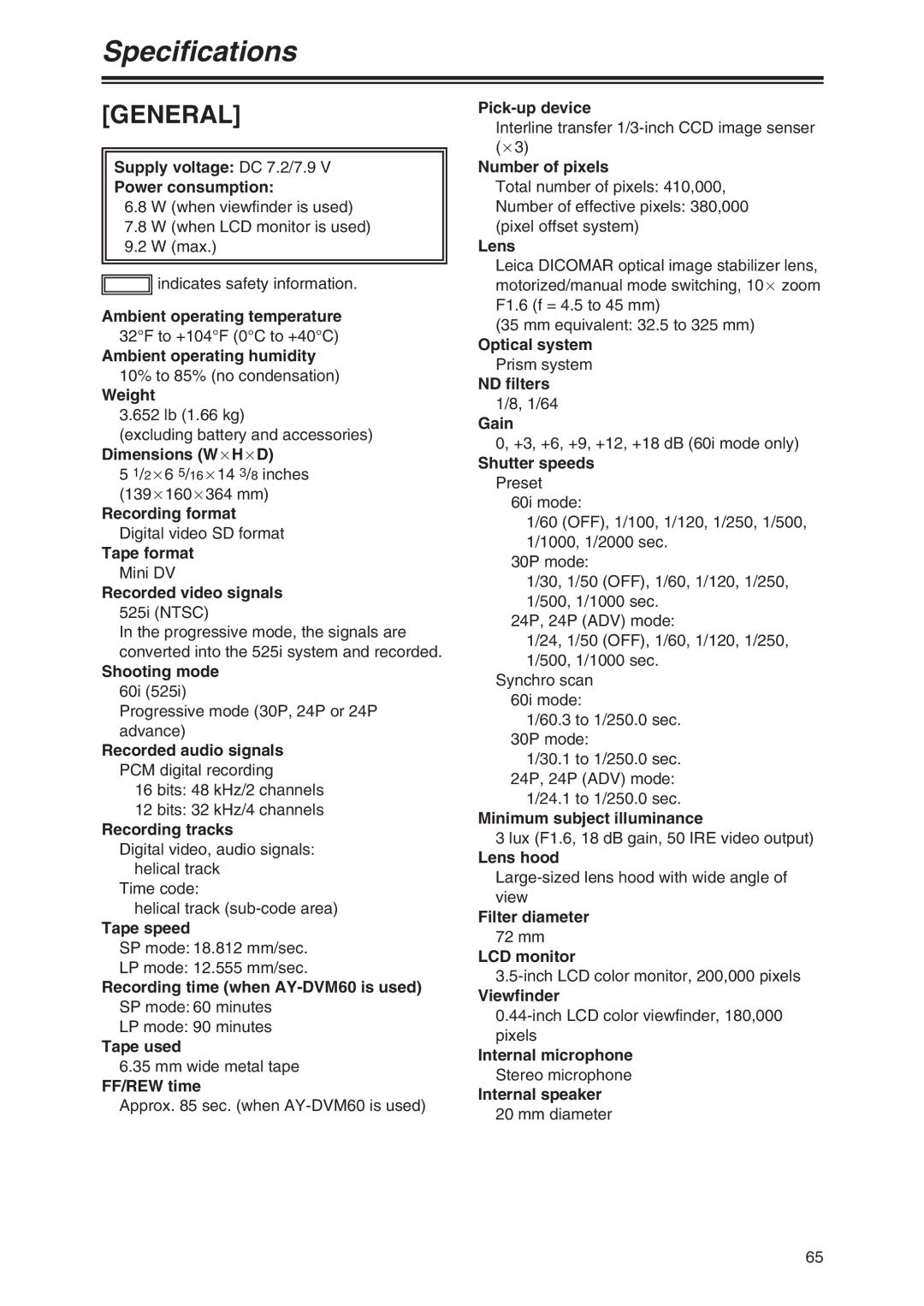 Panasonic AG-DVX100 P manual Specifications 