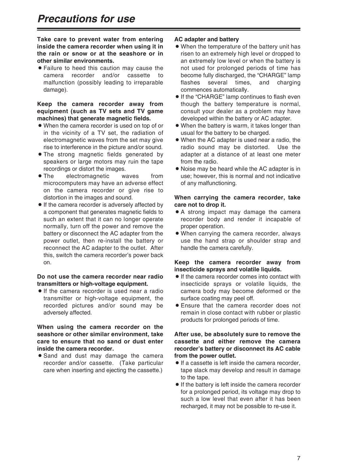 Panasonic AG-DVX100 P manual Precautions for use, AC adapter and battery 