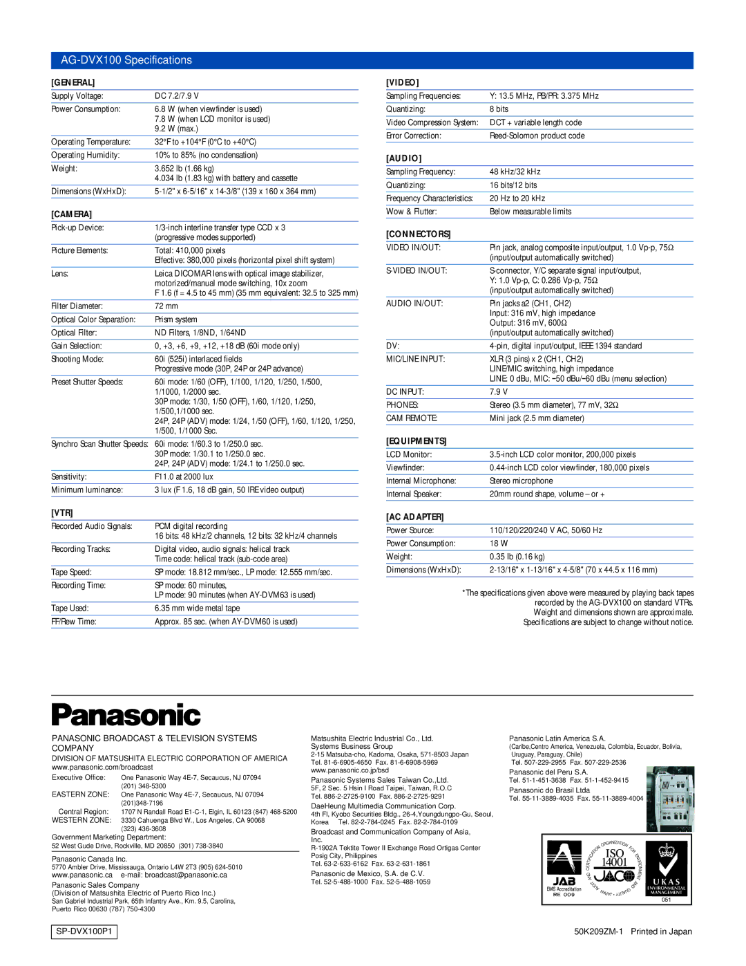 Panasonic manual AG-DVX100 Specifications, General 