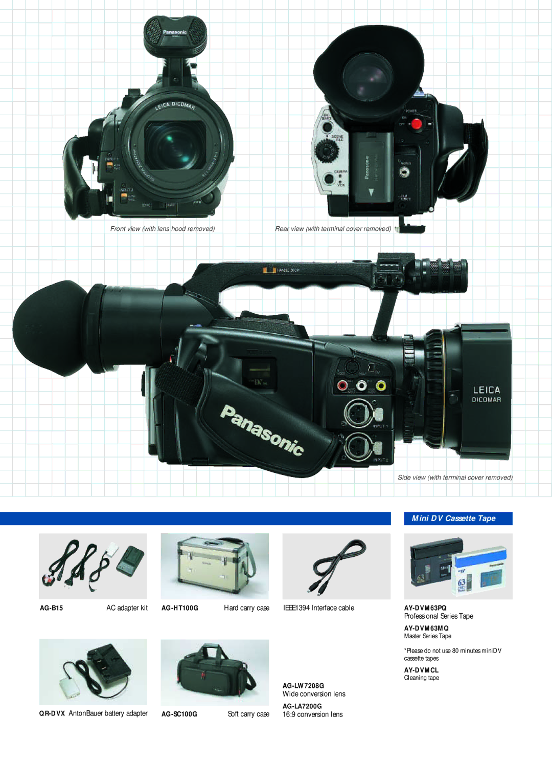 Panasonic AG-DVX100 manual Mini DV Cassette Tape, AY-DVM63PQ, AY-DVM63MQ, Ay-Dvmcl 