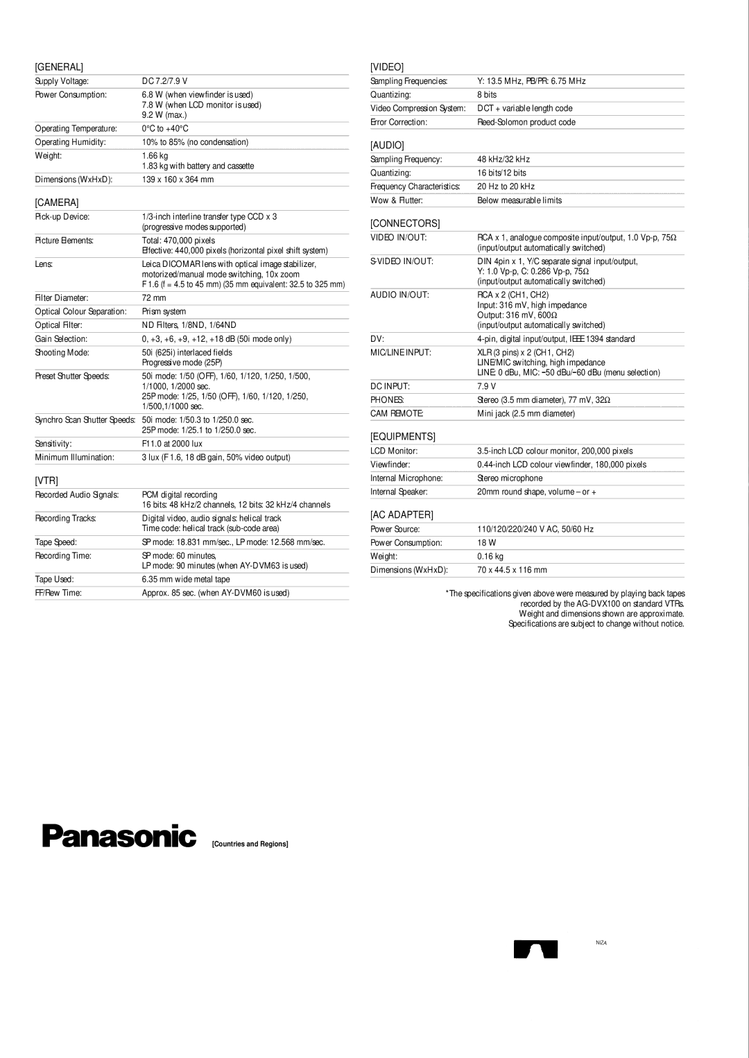 Panasonic manual AG-DVX100 Specifications 