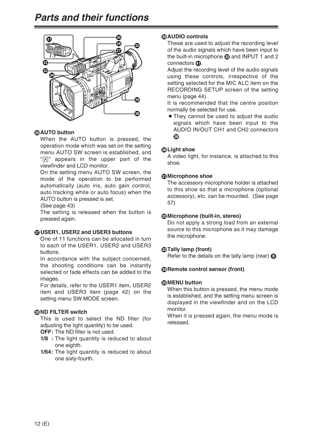 Panasonic AG-DVX100A manual Auto button, USER1, USER2 and USER3 buttons, ND Filter switch, Audio controls, Light shoe 