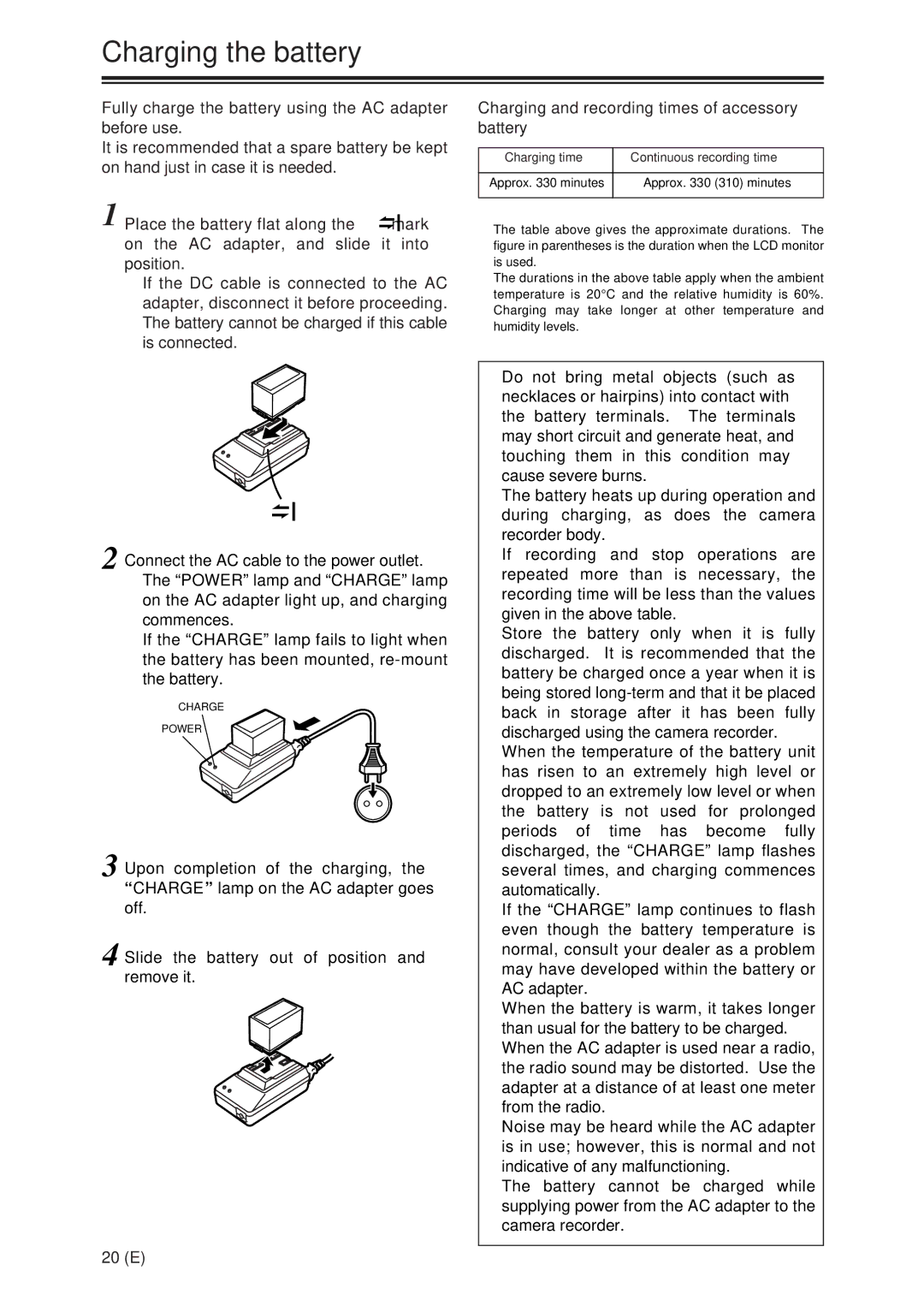 Panasonic AG-DVX100A manual Charging the battery, Connect the AC cable to the power outlet, Approx 310 minutes 