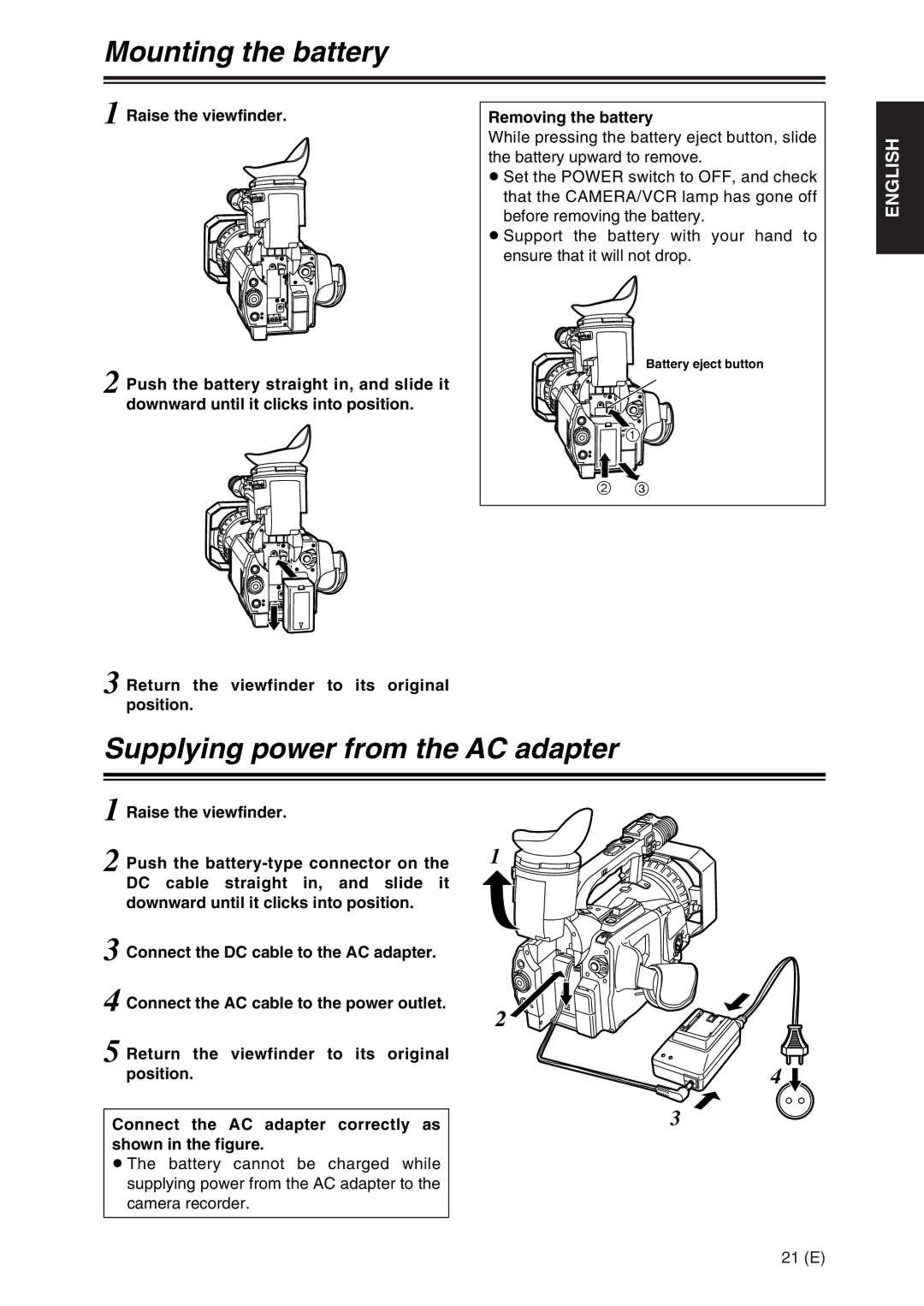 Panasonic AG-DVX100A manual Mounting the battery, Supplying power from the AC adapter 