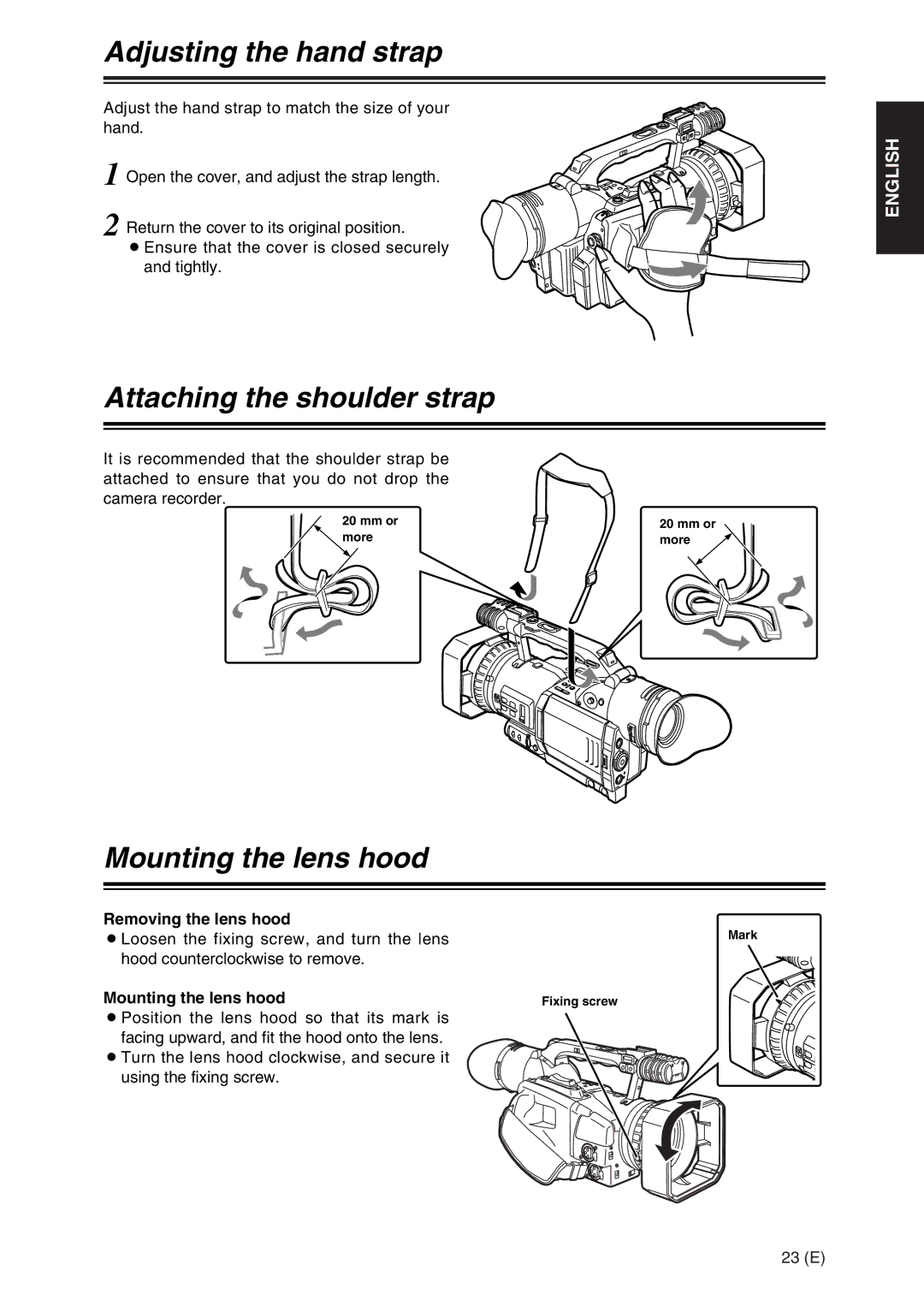 Panasonic AG-DVX100A manual Adjusting the hand strap, Attaching the shoulder strap, Mounting the lens hood 