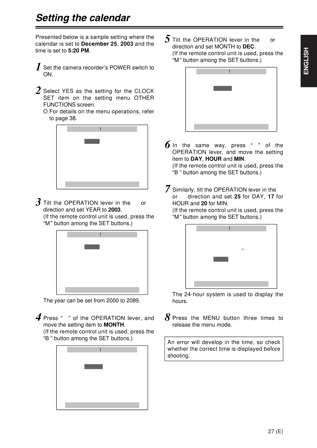 Panasonic AG-DVX100A manual Setting the calendar 