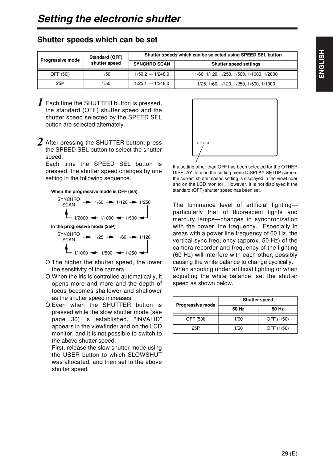 Panasonic AG-DVX100A manual Setting the electronic shutter, Shutter speeds which can be set, Synchro Scan 