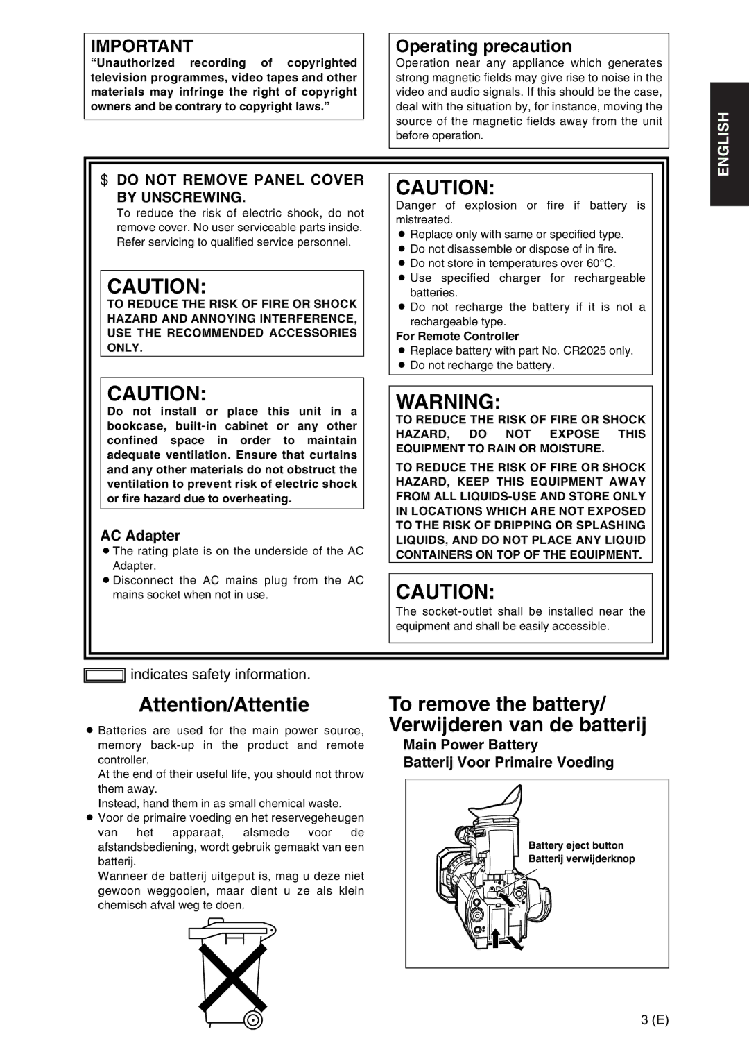 Panasonic AG-DVX100A manual Operating precaution, Battery eject button, Batterij verwijderknop 