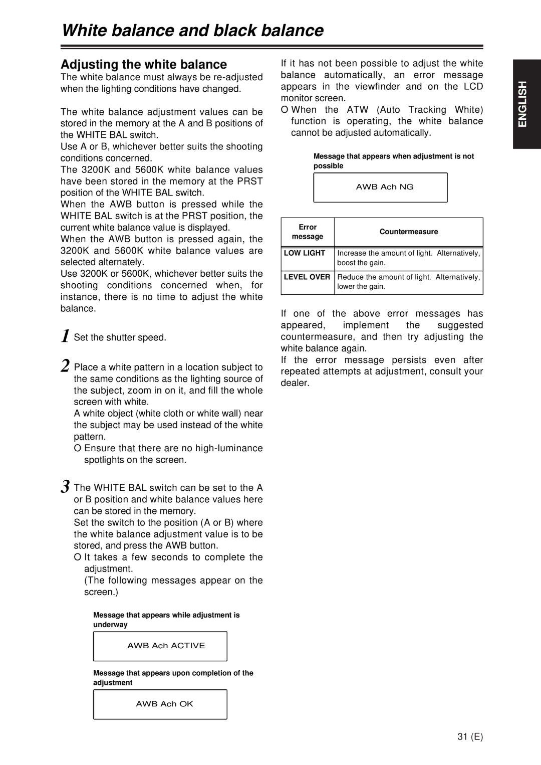 Panasonic AG-DVX100A manual White balance and black balance, Adjusting the white balance, LOW Light, Level Over 