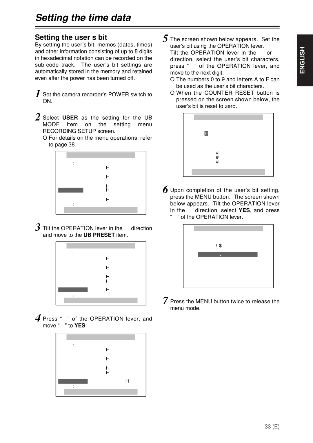 Panasonic AG-DVX100A manual Setting the time data, Setting the user’s bit 