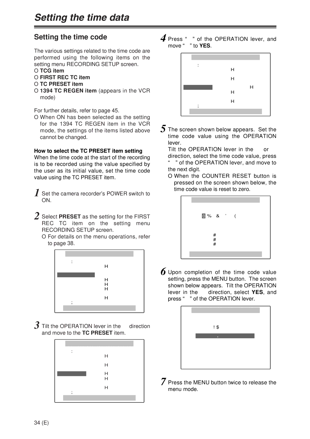 Panasonic AG-DVX100A manual Setting the time code, Otcg item Ofirst REC TC item OTC Preset item 