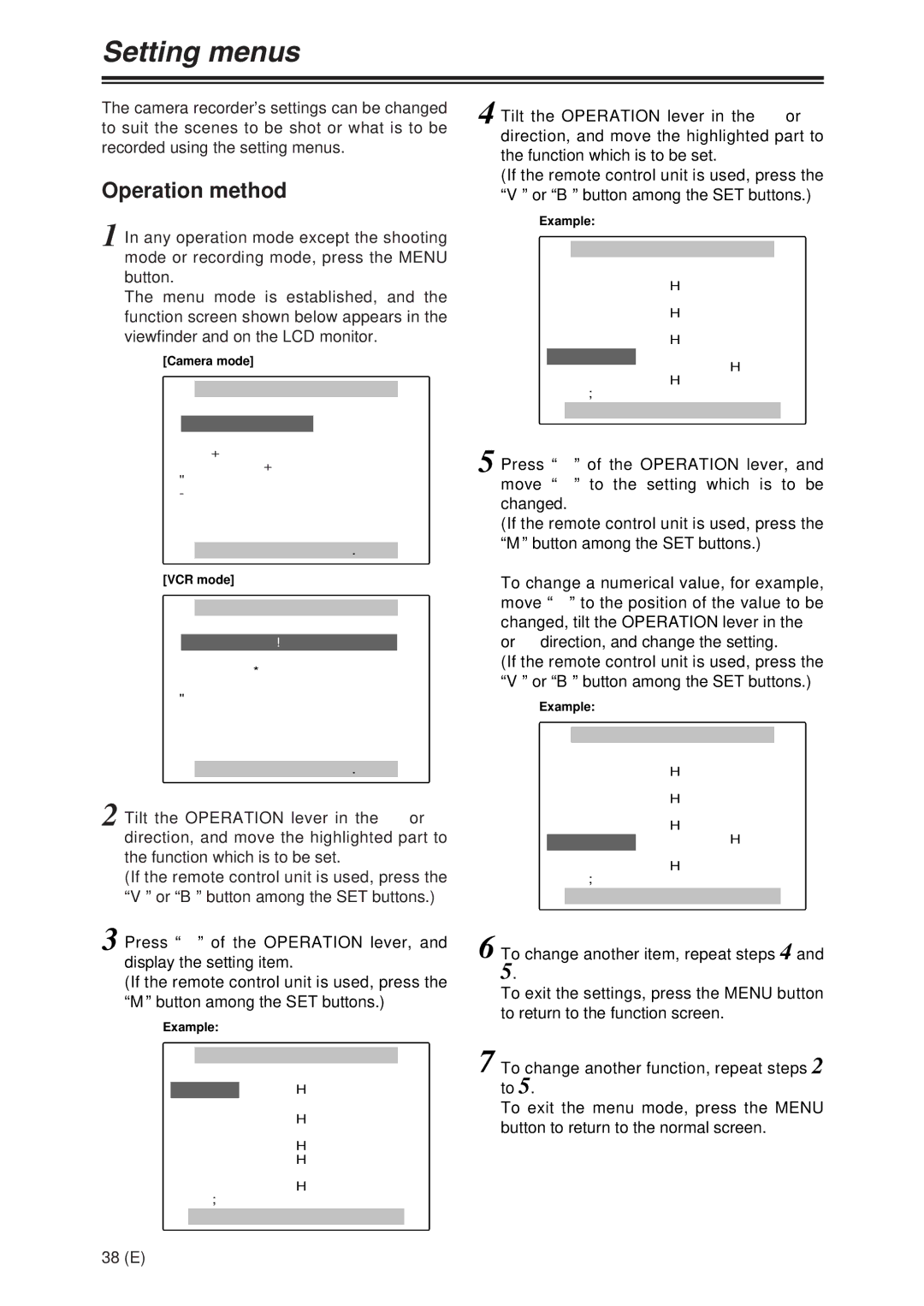 Panasonic AG-DVX100A manual Setting menus, Operation method, Camera mode, VCR mode, Example 