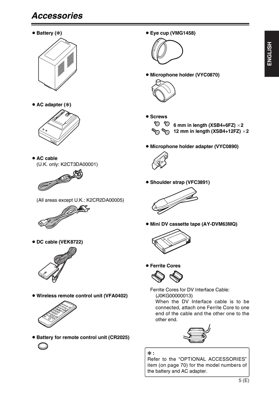 Panasonic AG-DVX100A manual Accessories, OBattery OEye cup VMG1458, OShoulder strap VFC3891 