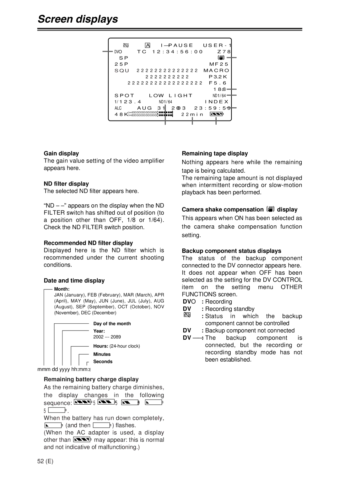 Panasonic AG-DVX100A manual Gain display, Recommended ND filter display, Date and time display, Remaining tape display 