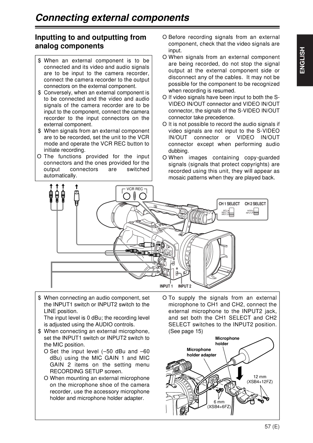 Panasonic AG-DVX100A Connecting external components, Inputting to and outputting from analog components, Input 1 Input 