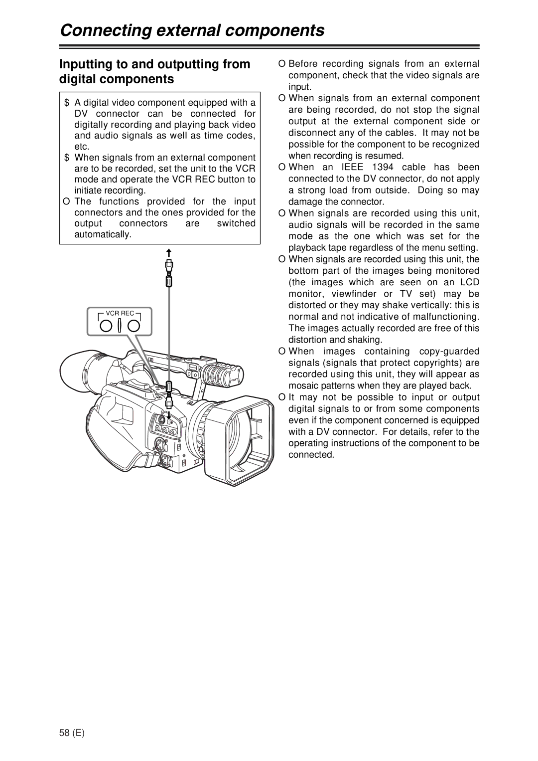 Panasonic AG-DVX100A manual Inputting to and outputting from digital components 