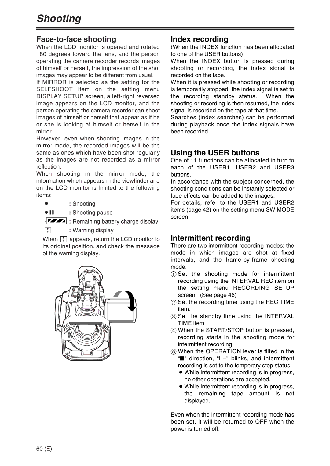 Panasonic AG-DVX100A manual Face-to-face shooting, Index recording, Using the User buttons, Intermittent recording 