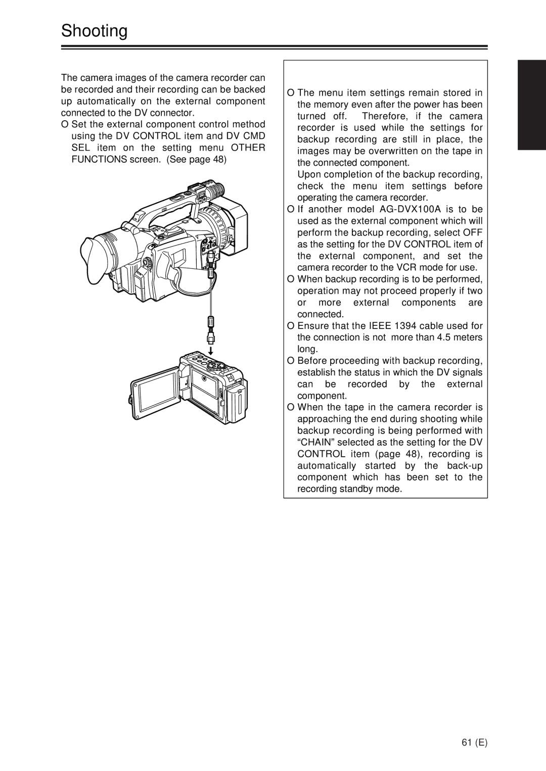 Panasonic AG-DVX100A manual Backup recording 