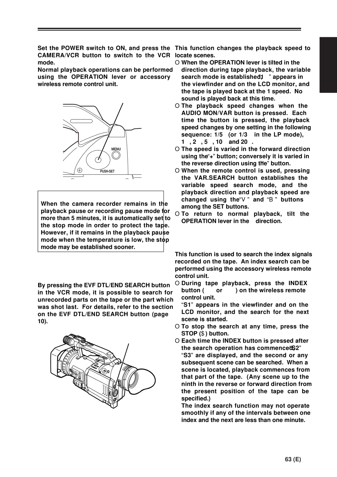 Panasonic AG-DVX100A manual Playback, Normal playback, Tape blank search, Variable speed search, Index search 