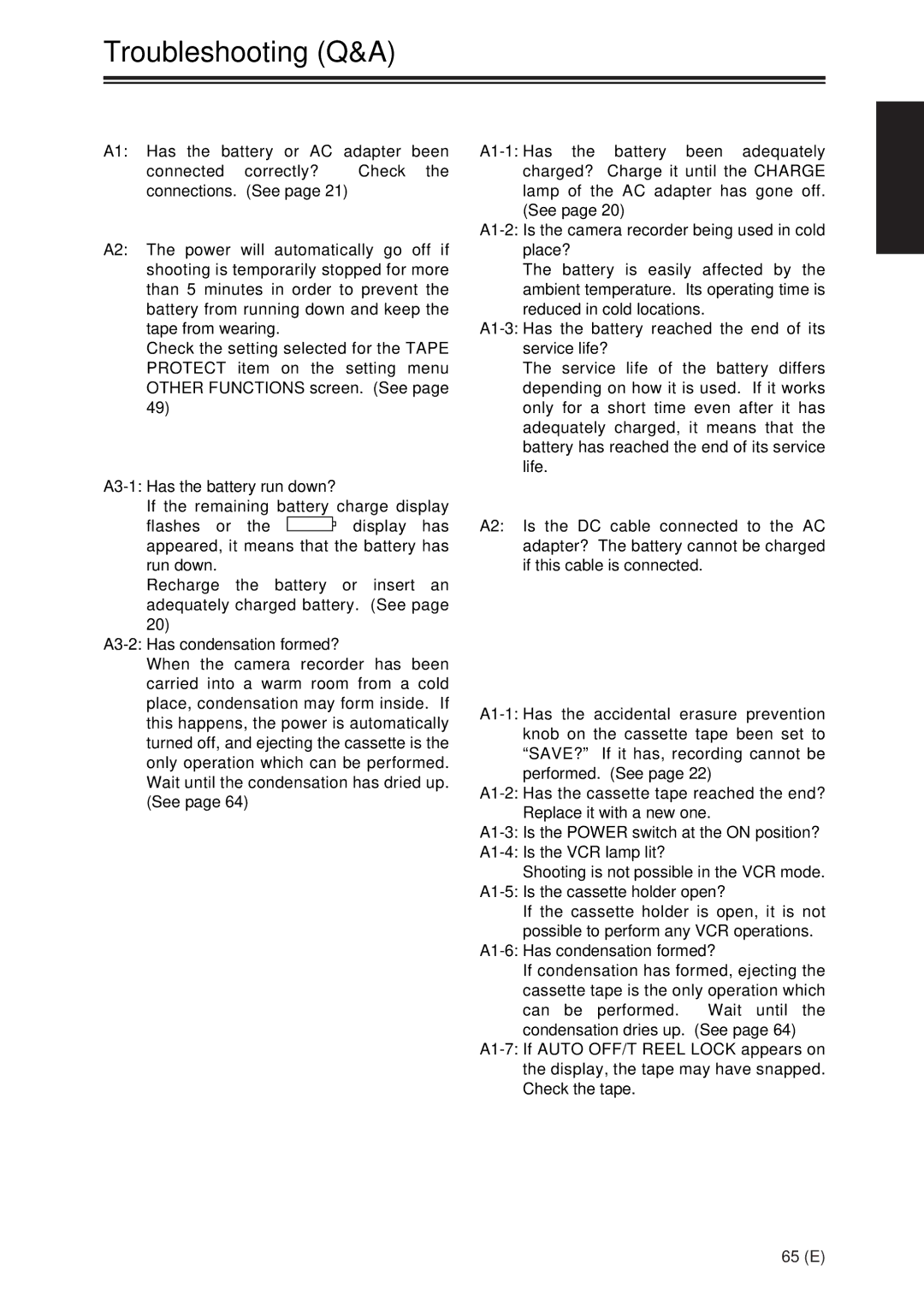 Panasonic AG-DVX100A manual Troubleshooting Q&A, Power supply-related problems, Battery-related problems 