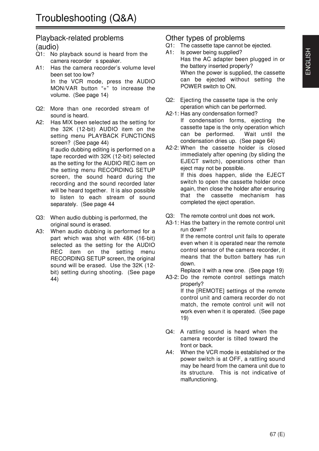 Panasonic AG-DVX100A Playback-related problems audio, Other types of problems, Q1 The cassette tape cannot be ejected 