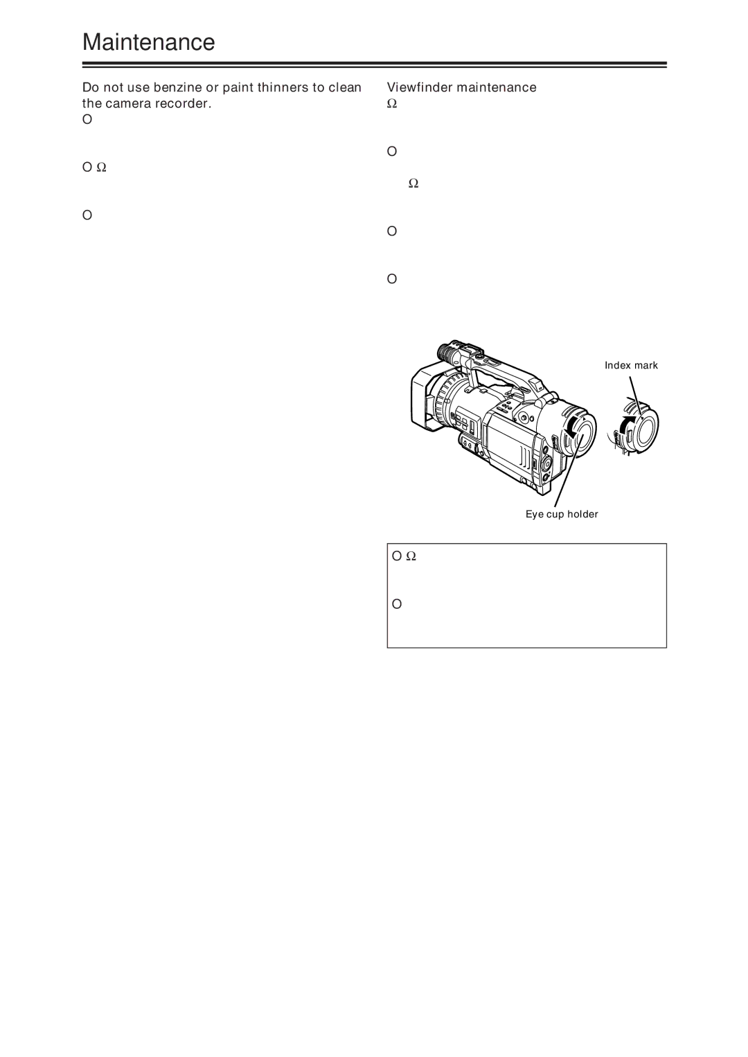 Panasonic AG-DVX100A manual Maintenance, Viewfinder maintenance, Index mark Eye cup holder 