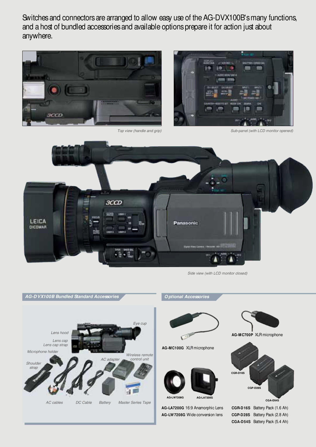 Panasonic manual AG-DVX100B Bundled Standard Accessories Optional Accessories 