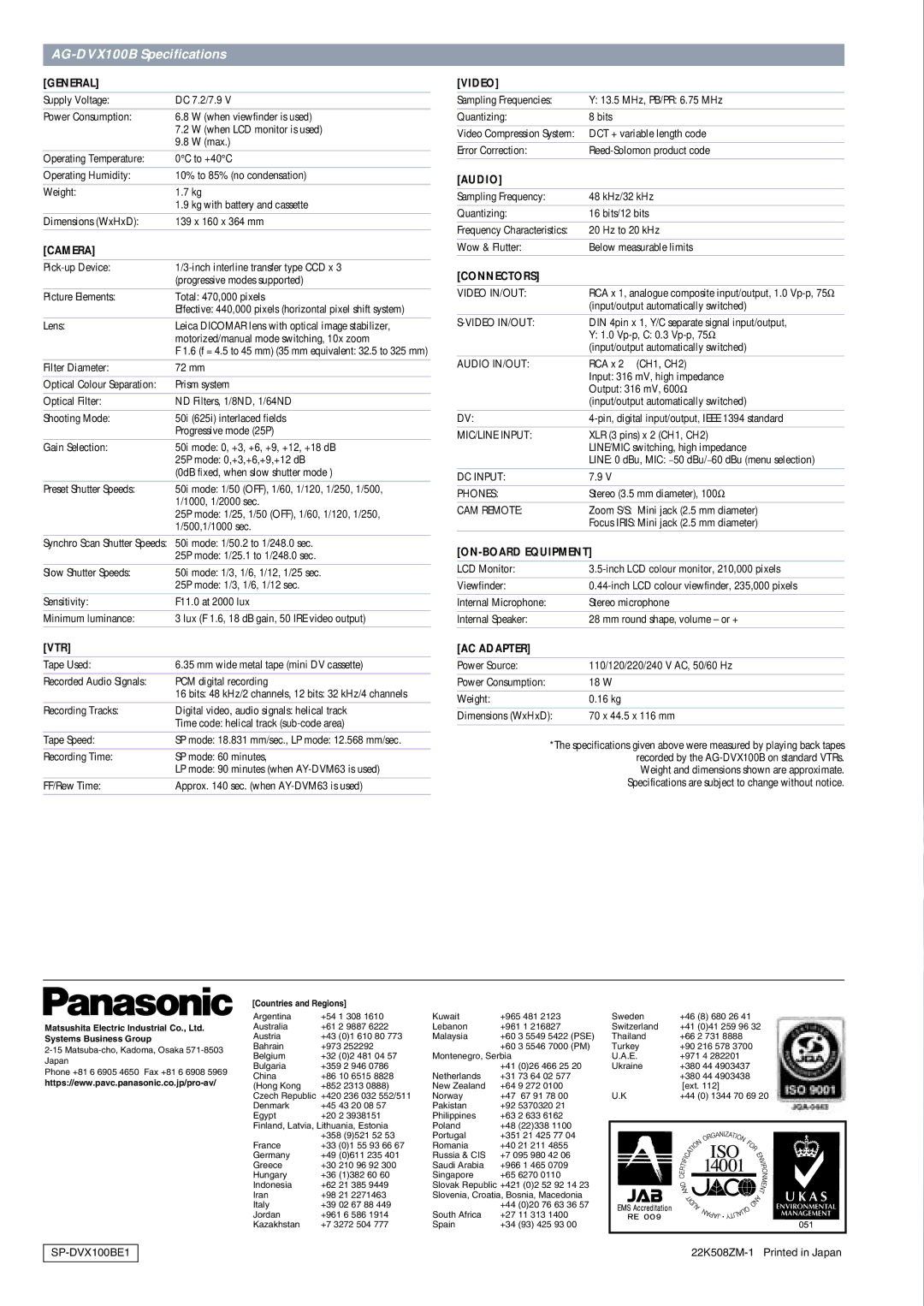 Panasonic manual AG-DVX100B Specifications 