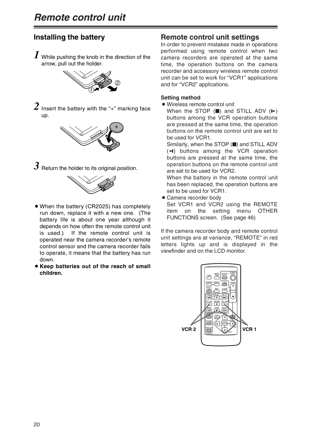 Panasonic AG-DVX100P manual Installing the battery, Remote control unit settings, Setting method 