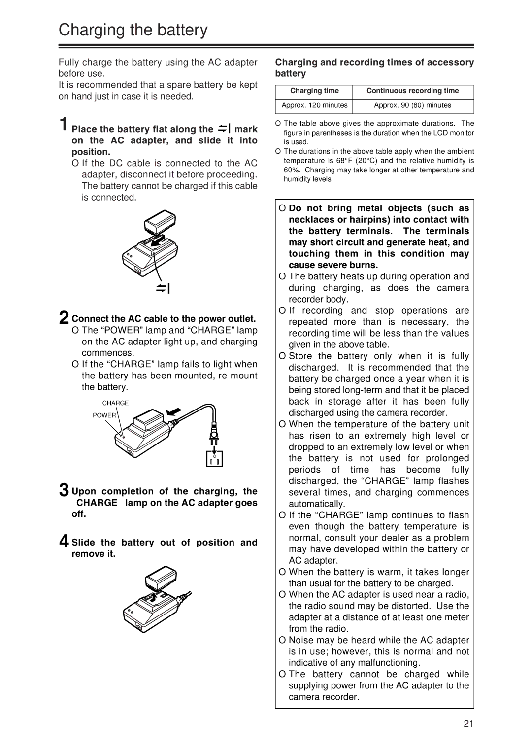 Panasonic AG-DVX100P manual Charging the battery, Connect the AC cable to the power outlet 