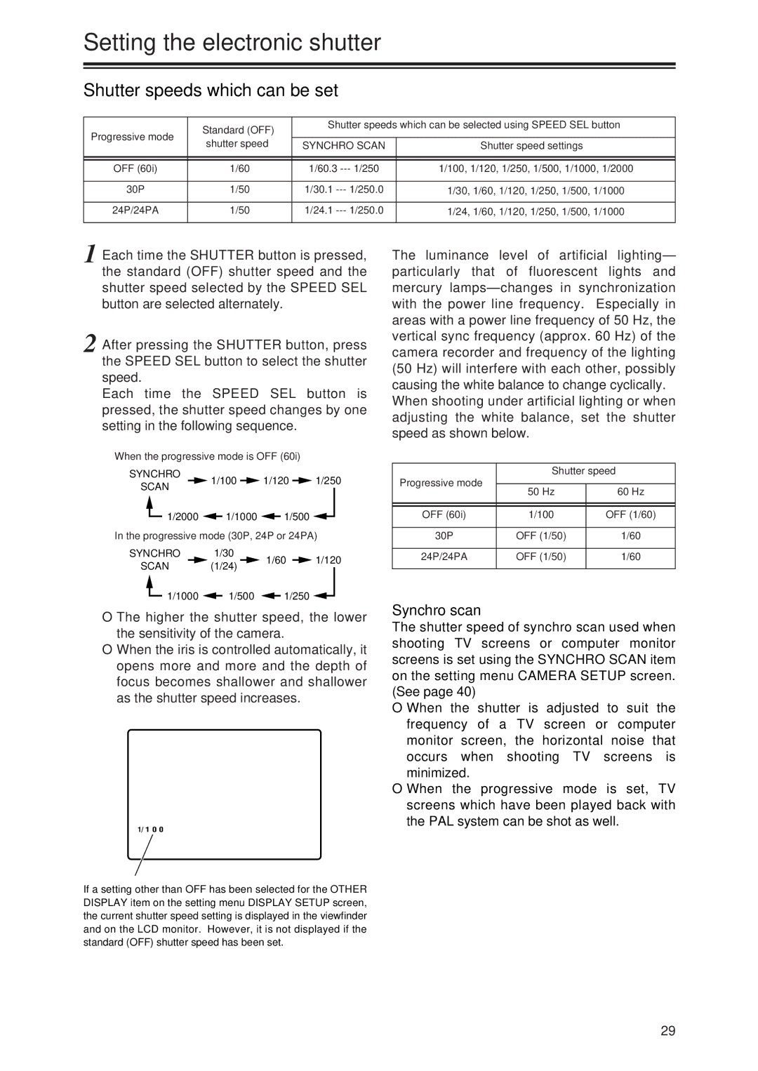 Panasonic AG-DVX100P manual Setting the electronic shutter, Shutter speeds which can be set, Synchro Scan 