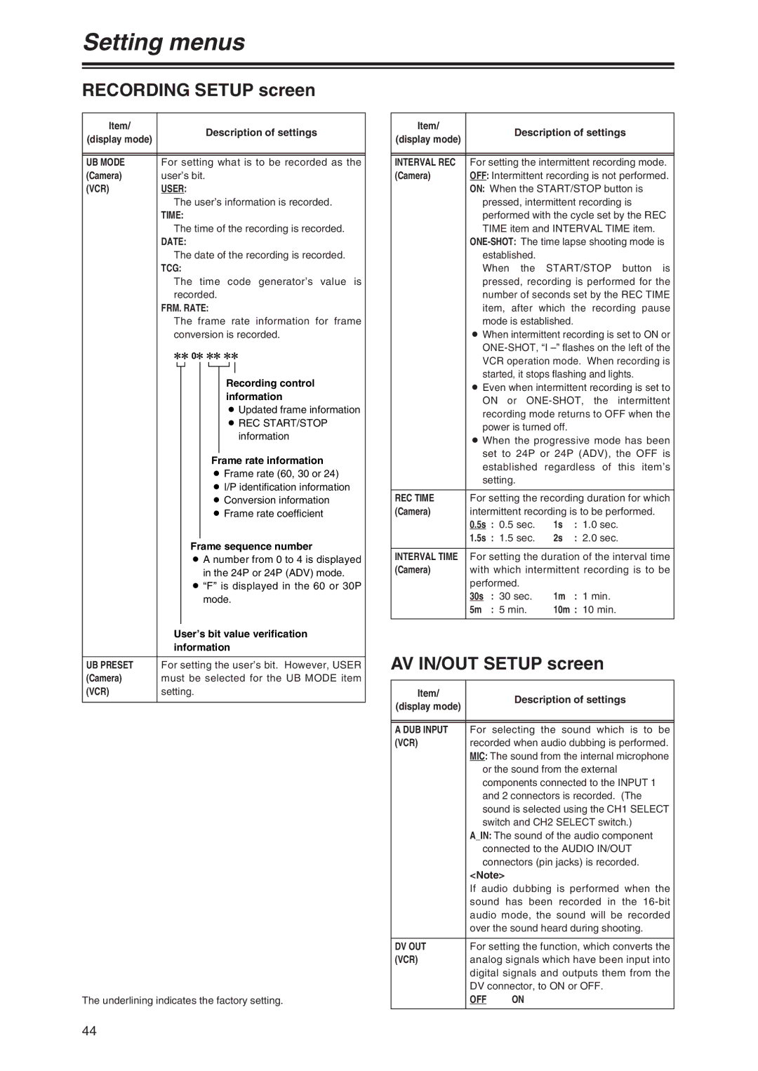 Panasonic AG-DVX100P manual AV IN/OUT Setup screen 