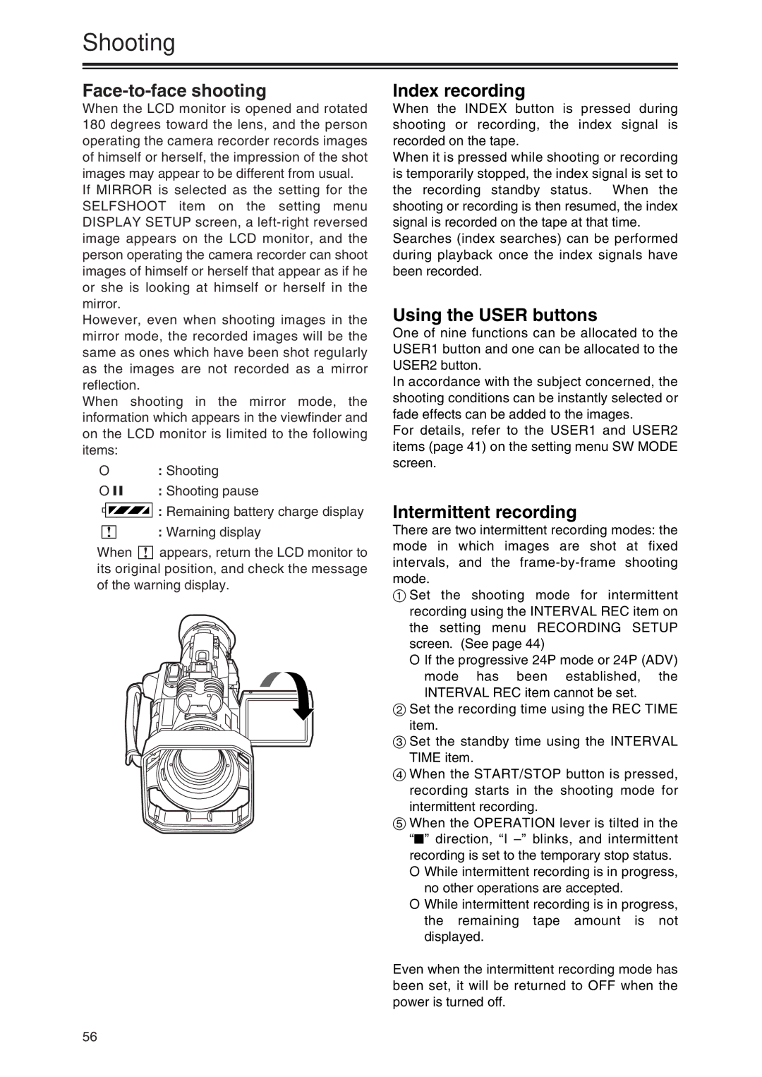 Panasonic AG-DVX100P manual Face-to-face shooting, Index recording, Using the User buttons, Intermittent recording 